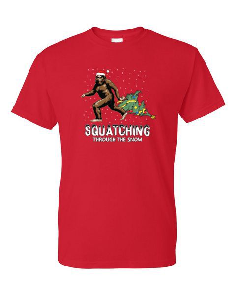 Adult T-Shirt - SQUACHING THROUGH THE SNOW - SANTA BIGFOOT WINTER / CHRISTMAS - Picture 25 of 41