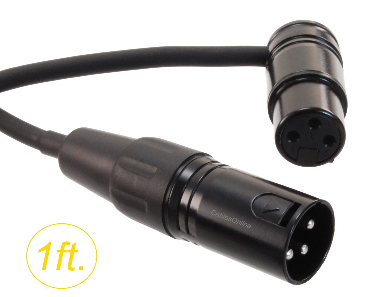 Low-Profile Right-Angle 3-Pin XLR Female to Straight 3-Pin XLR Male Cable