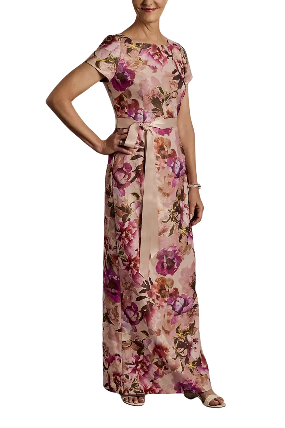 Vestido Adrianna Papell Estampado Floral Manga Corta Espalda Cremallera Vaina Slim Columna - Imagen 4 de 4
