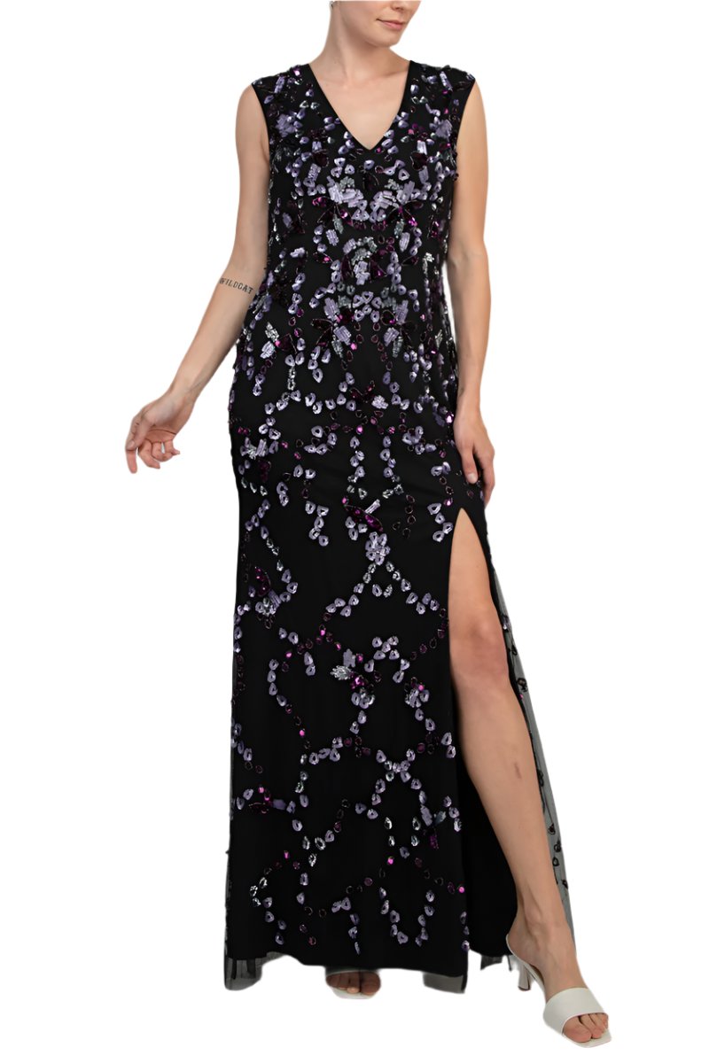 Adrianna Papell Beaded V Neck Cap Sleeve Front Slit Gown - Picture 5 of 5