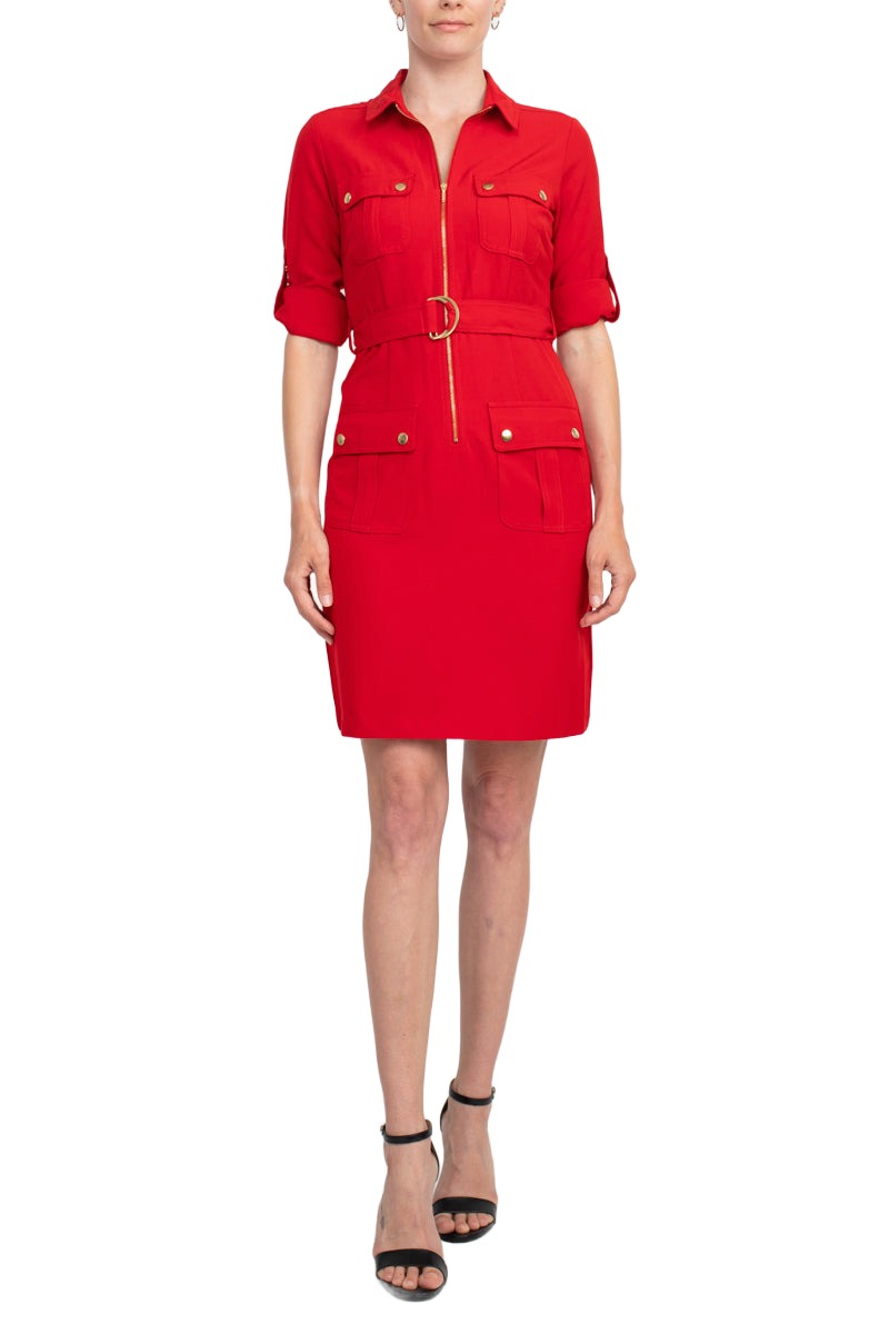 Sharagano Collared Short SLeeve Zipper Front Belted Solid Rayon Dress - Picture 13 of 14