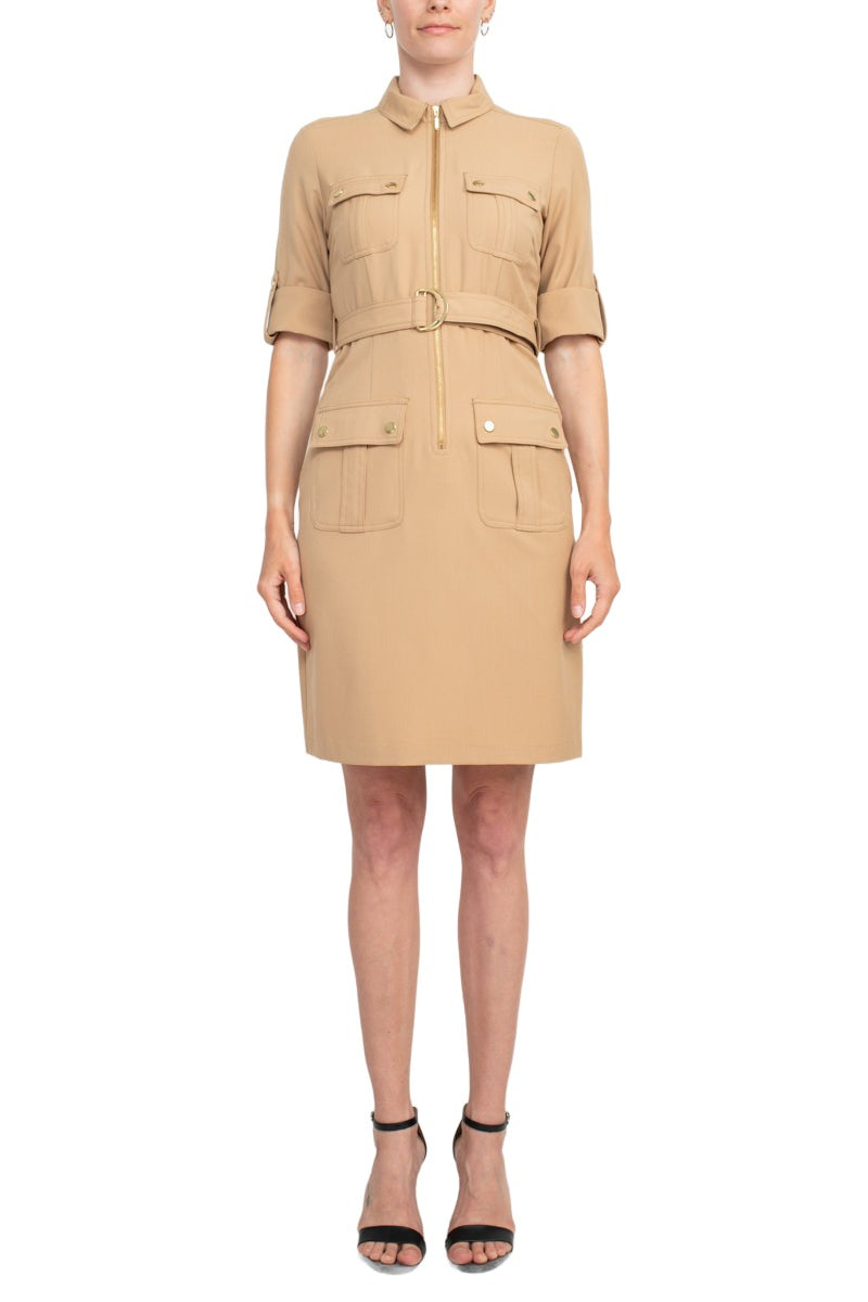 Sharagano Collared Short SLeeve Zipper Front Belted Solid Rayon Dress - Picture 14 of 14