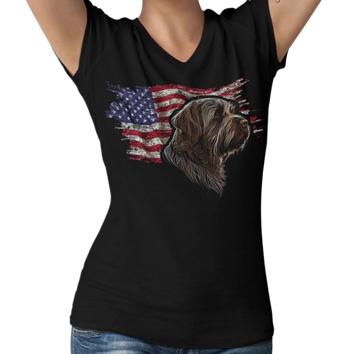 Patriotic Wirehaired Pointing Griffon American Flag - Women's V-Neck T-Shirt - Picture 8 of 10