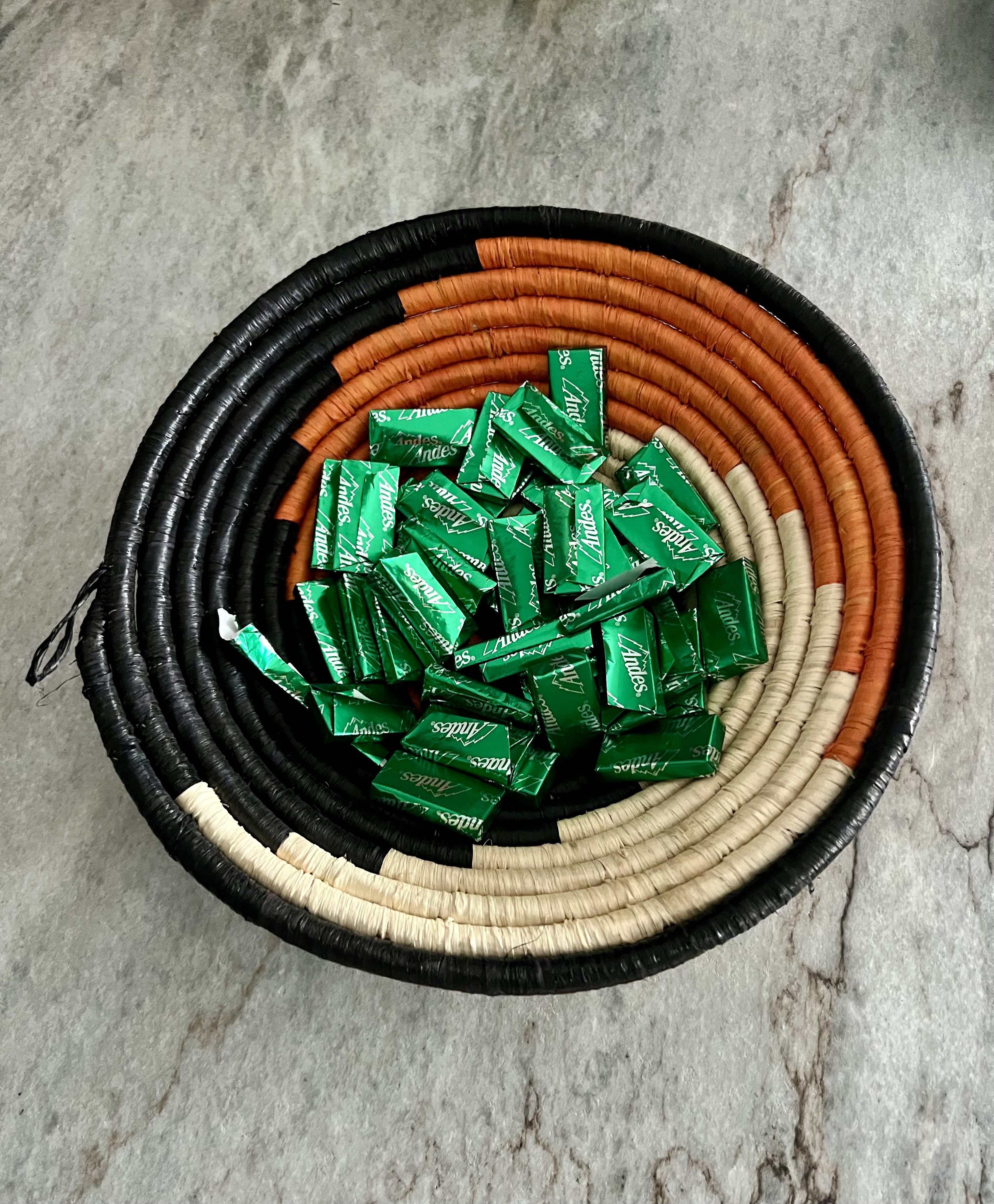 Handwoven Orange, Black, Natural Raffia Bowl - Various Sizes