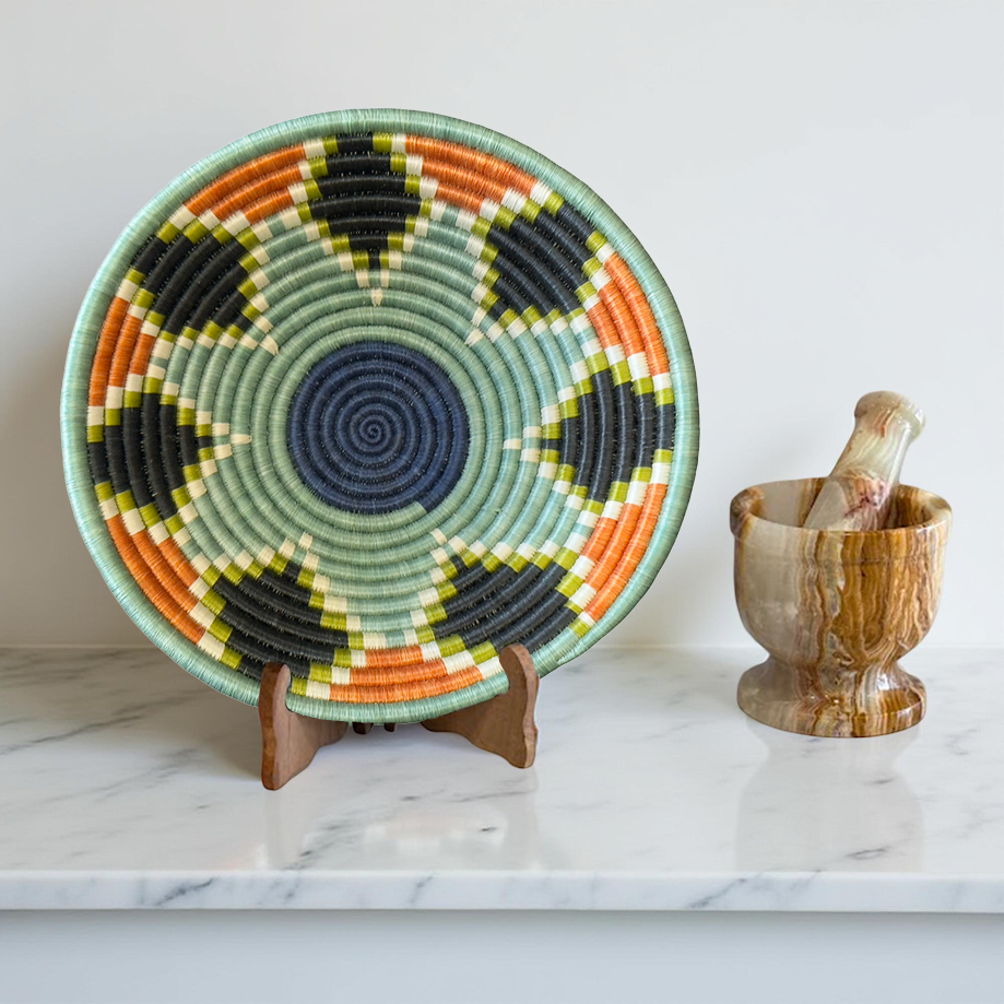 Handwoven Sisal African Basket Bowl in Teal Blue Orange Black – Various Sizes