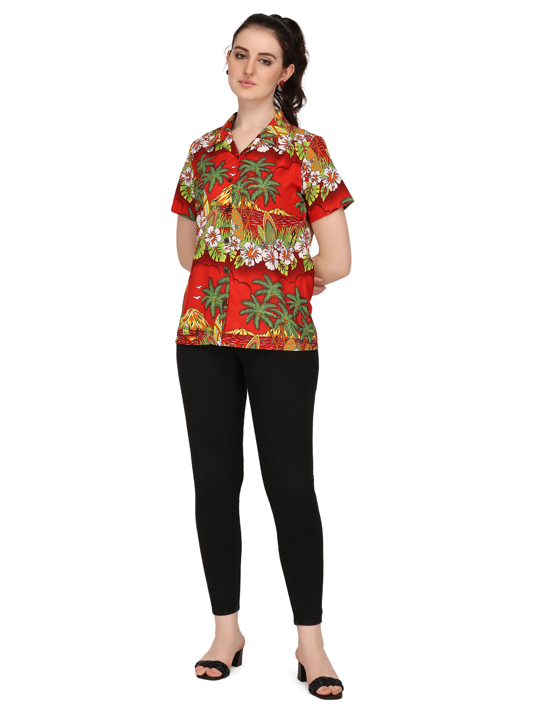 Hawaiian Shirts Womens Floral Scenic Beach Aloha Top Blouse Short Sleeve - Picture 8 of 31