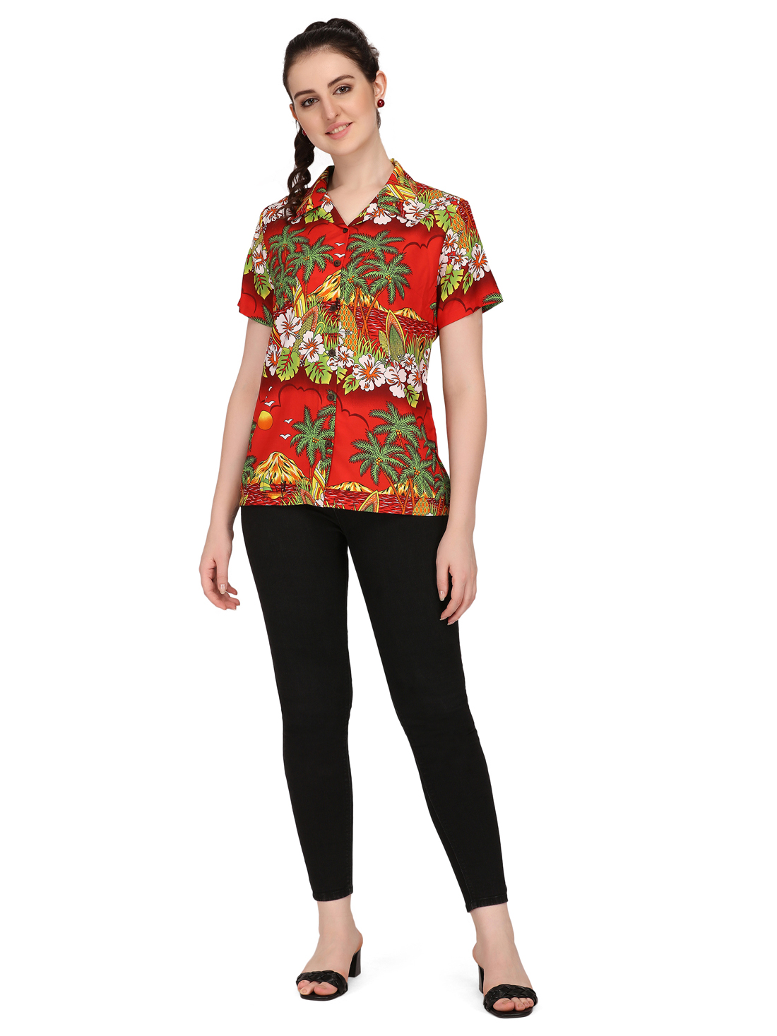 Hawaiian Shirts Womens Floral Scenic Beach Aloha Top Blouse Short Sleeve - Picture 9 of 31