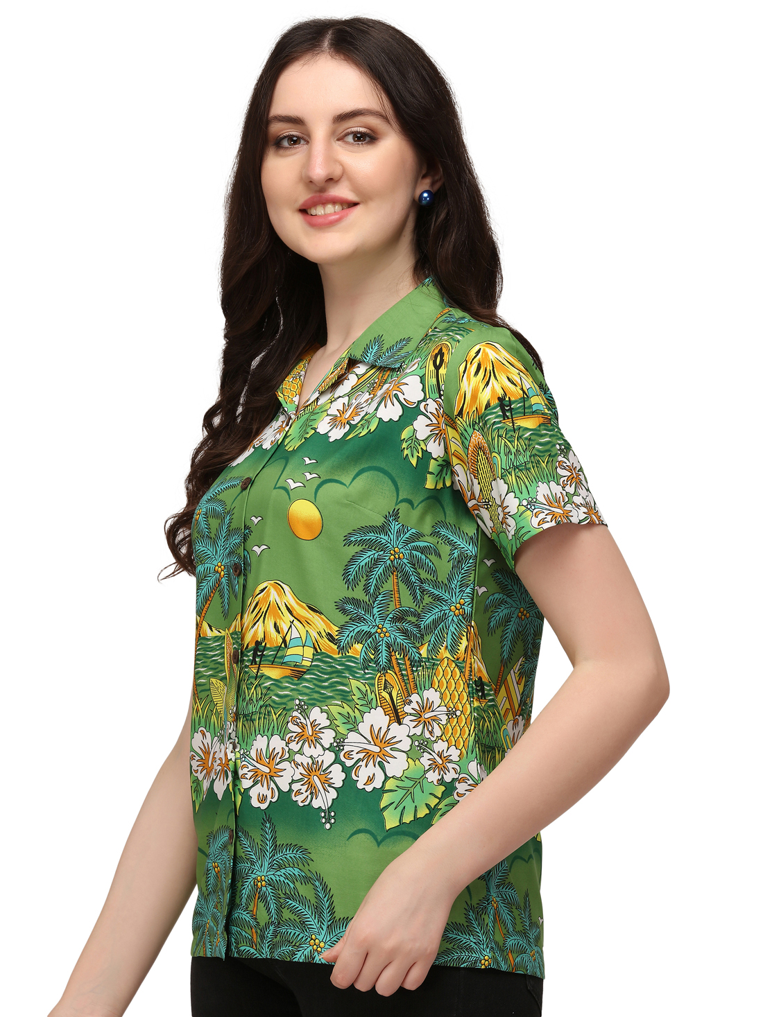 Hawaiian Shirts Womens Floral Scenic Beach Aloha Top Blouse Short Sleeve - Picture 13 of 31