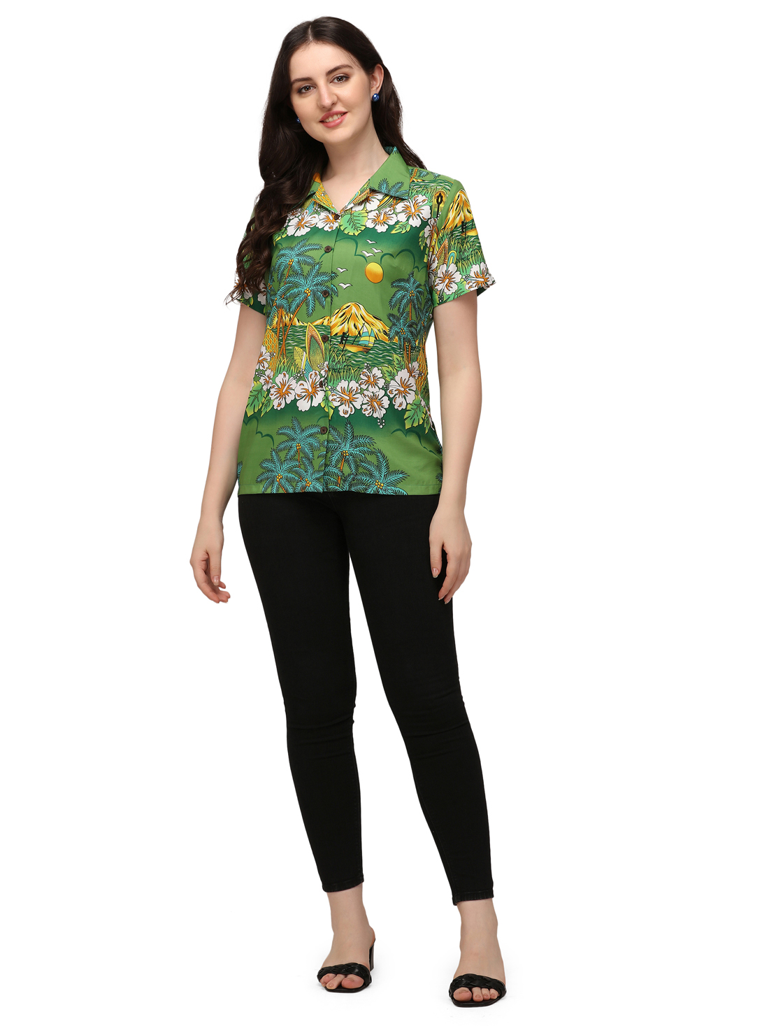 Hawaiian Shirts Womens Floral Scenic Beach Aloha Top Blouse Short Sleeve - Picture 15 of 31