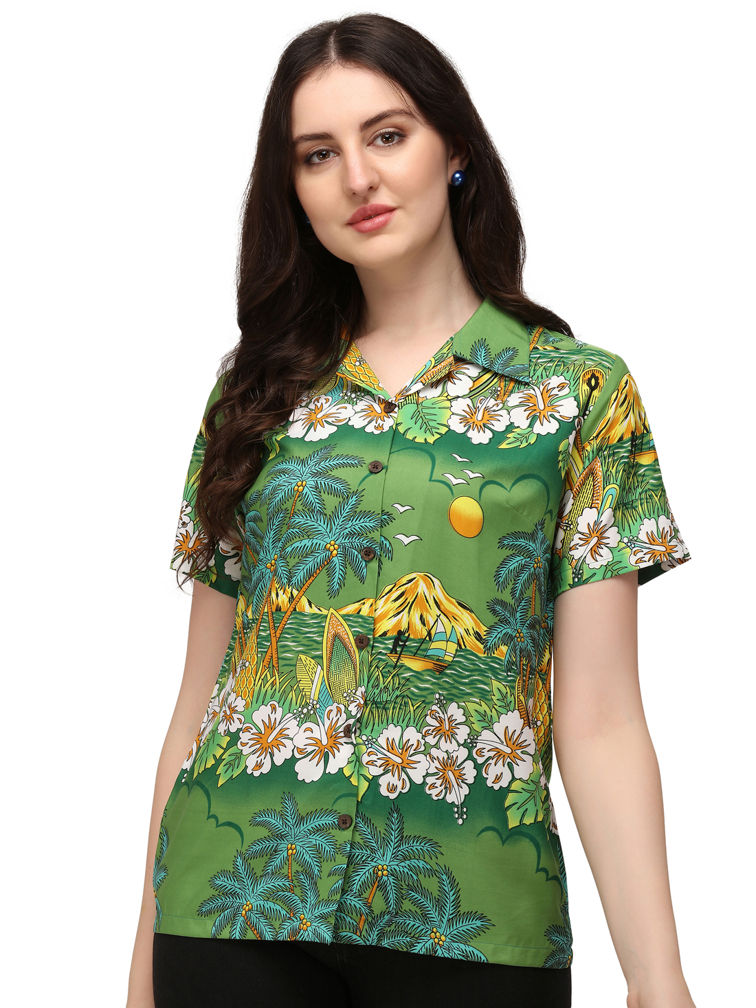 Hawaiian Shirts Womens Floral Scenic Beach Aloha Top Blouse Short Sleeve - Picture 11 of 31