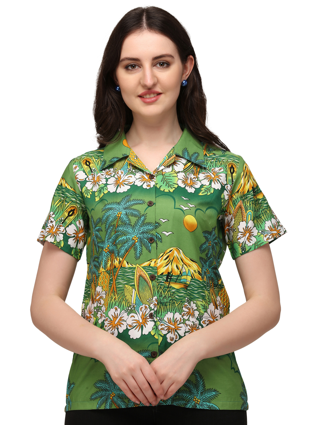 Hawaiian Shirts Womens Floral Scenic Beach Aloha Top Blouse Short Sleeve - Picture 14 of 31
