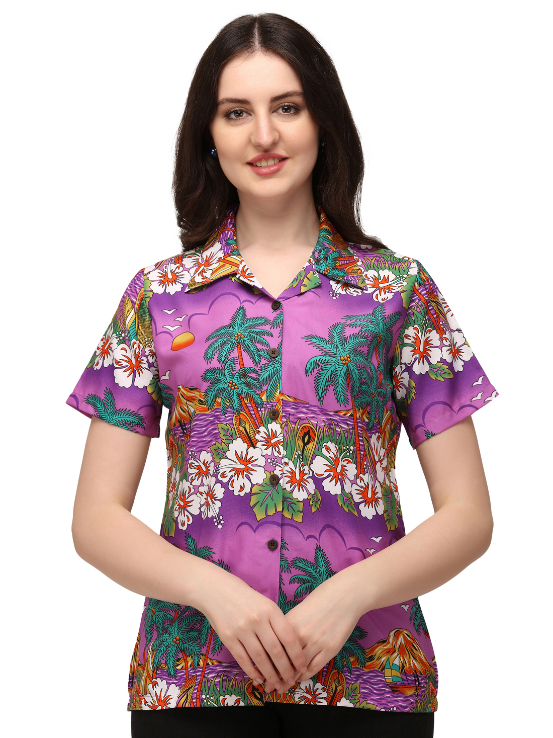 Hawaiian Shirts Womens Floral Scenic Beach Aloha Top Blouse Short Sleeve - Picture 20 of 31