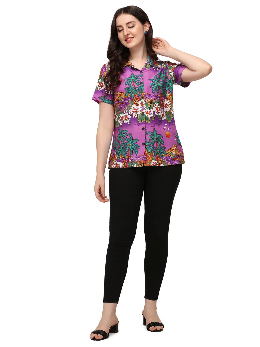 Hawaiian Shirts Womens Floral Scenic Beach Aloha Top Blouse Short Sleeve - Picture 22 of 31