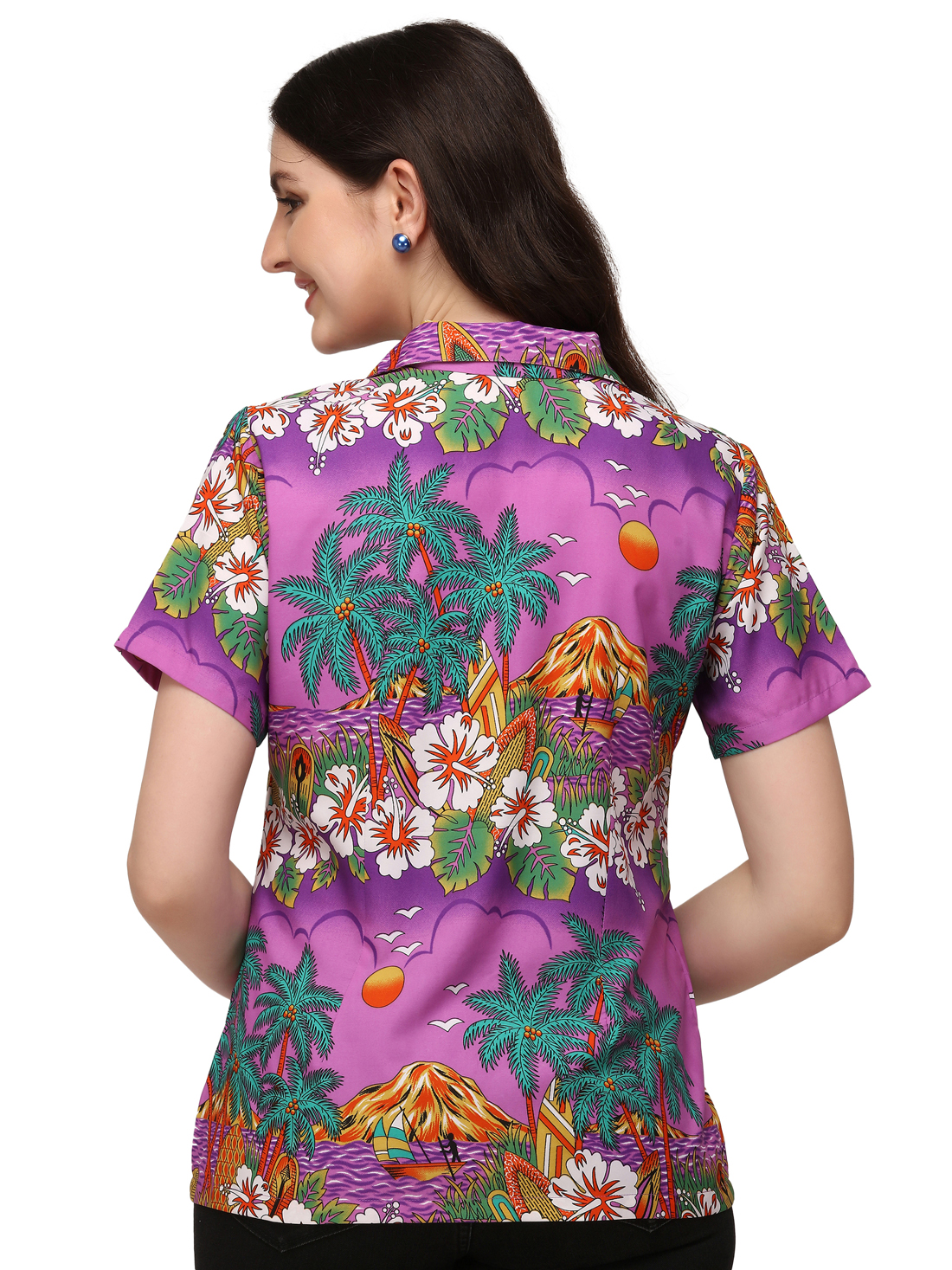 Hawaiian Shirts Womens Floral Scenic Beach Aloha Top Blouse Short Sleeve - Picture 18 of 31