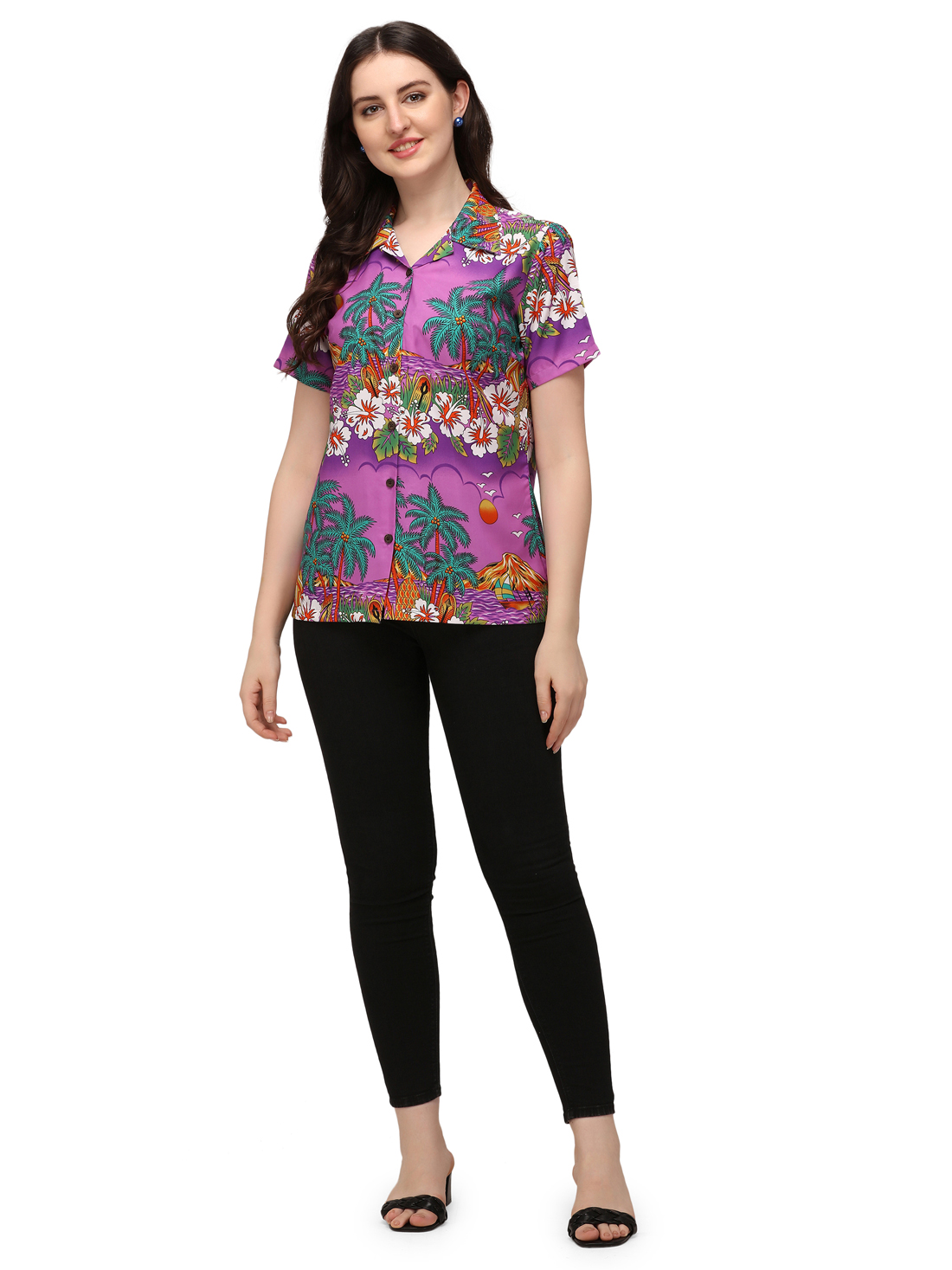 Hawaiian Shirts Womens Floral Scenic Beach Aloha Top Blouse Short Sleeve - Picture 21 of 31
