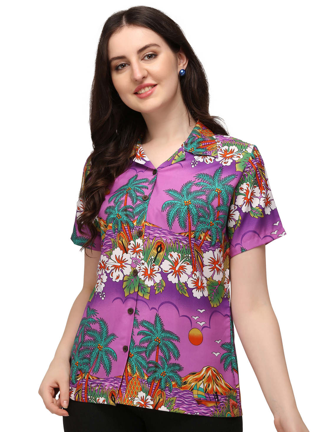 Hawaiian Shirts Womens Floral Scenic Beach Aloha Top Blouse Short Sleeve - Picture 17 of 31
