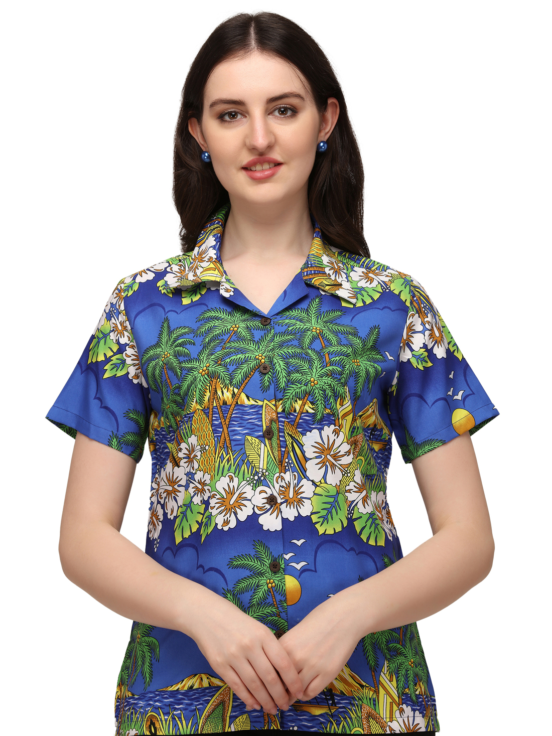 Hawaiian Shirts Womens Floral Scenic Beach Aloha Top Blouse Short Sleeve - Picture 29 of 31
