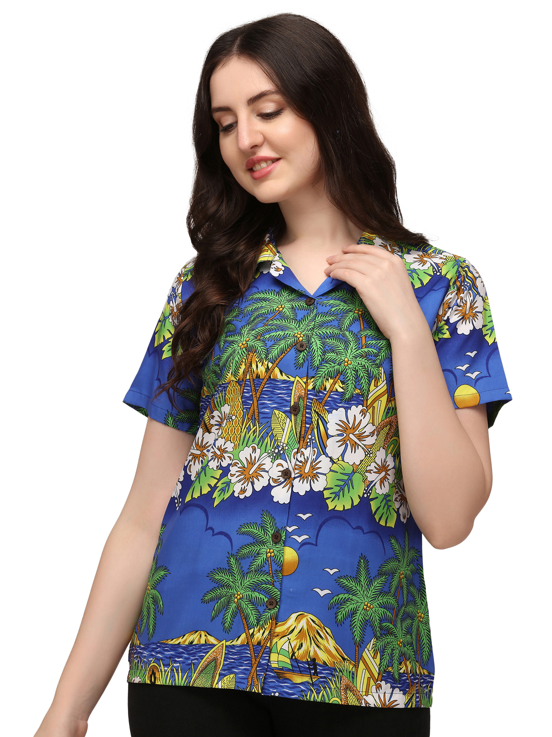 Hawaiian Shirts Womens Floral Scenic Beach Aloha Top Blouse Short Sleeve - Picture 28 of 31