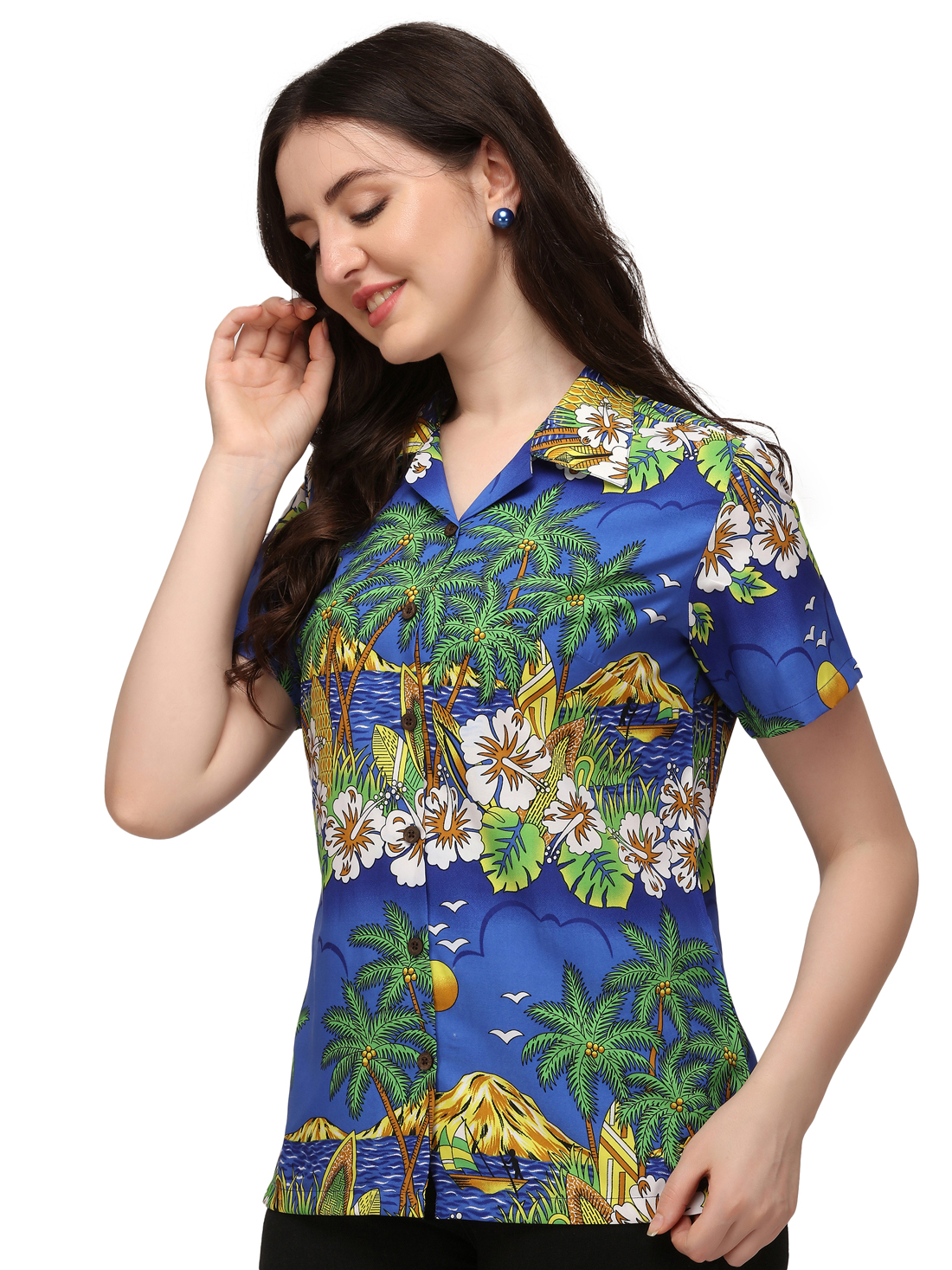 Hawaiian Shirts Womens Floral Scenic Beach Aloha Top Blouse Short Sleeve - Picture 26 of 31