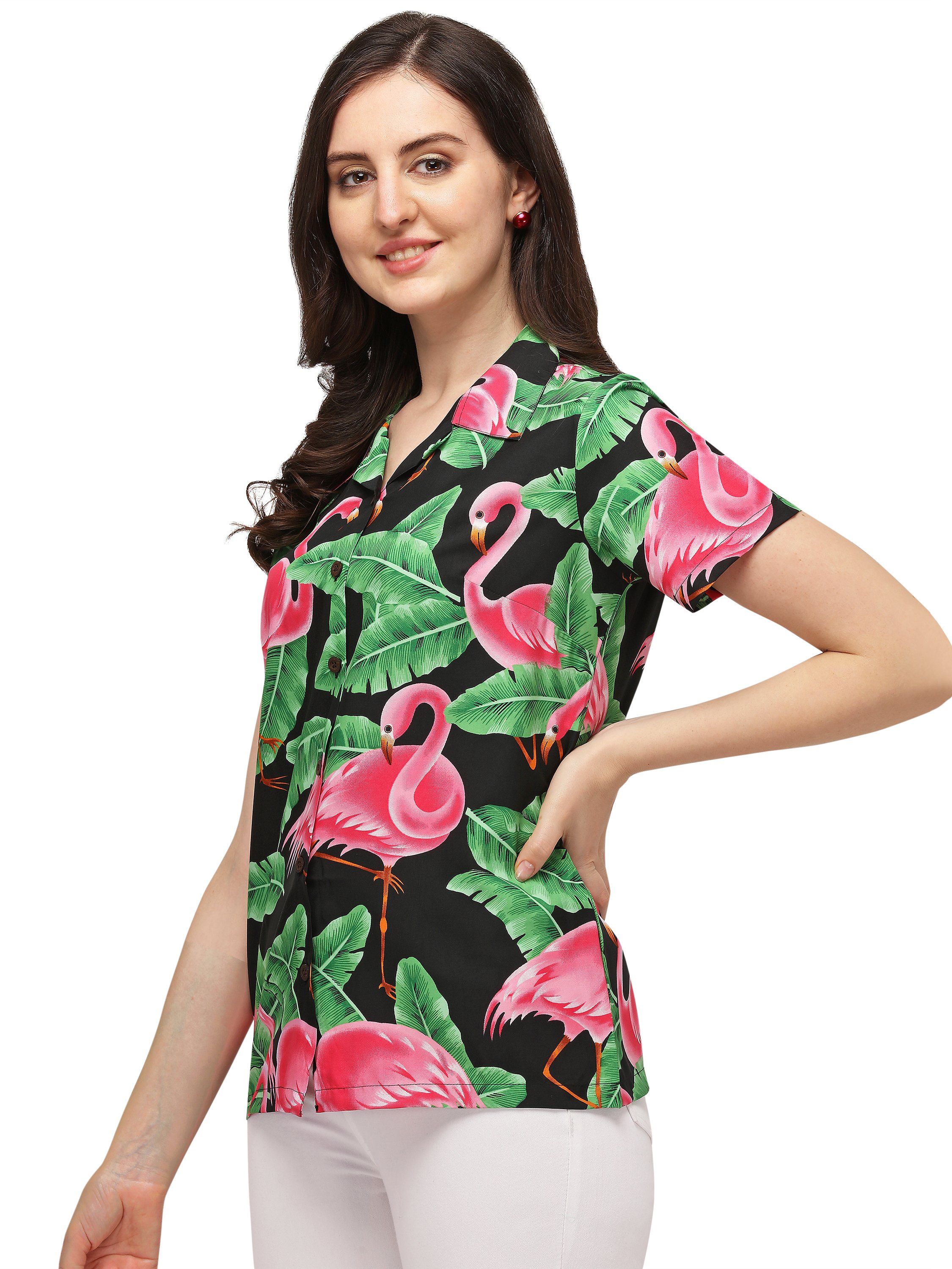 Hawaiian Shirts Womens Big Pink Flamingo Aloha Beach Shirt Blouse - Picture 8 of 36