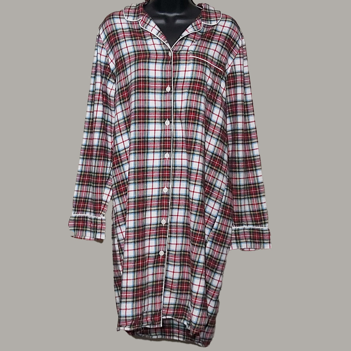 Lands End Ladies Long Sleeve Flannel Nightshirt Knee NWOT(Ivory Red