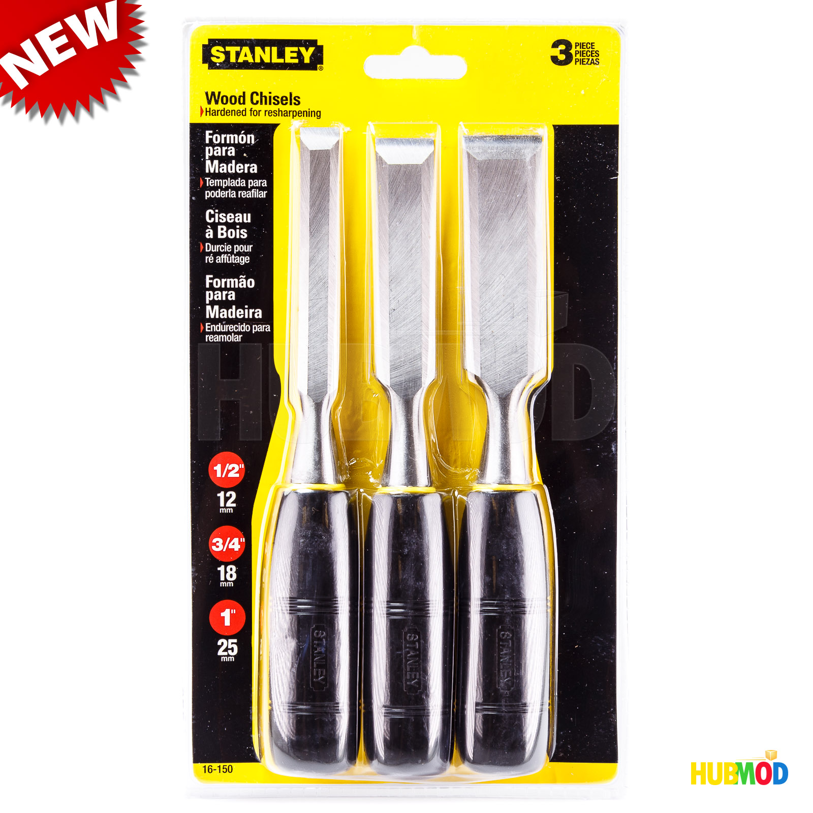 Stanley Wood Chisels Hardened for Resharpening 1/2" 3/4" 1" (3Piece