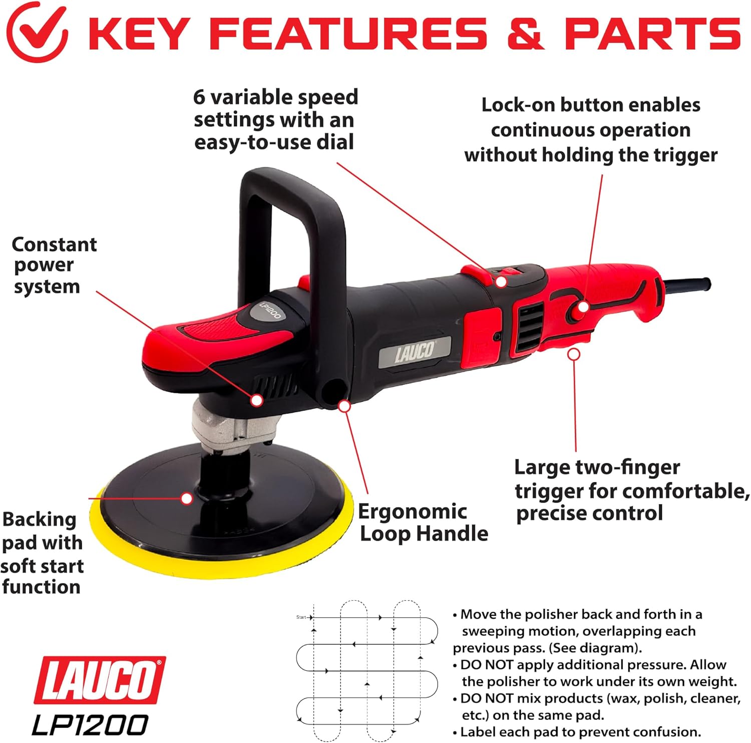 LAUCO Rotary & Gear Driven Orbital Polisher with 6-Inch Pad - Produktbild 2
