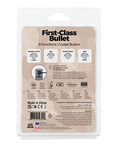 First Class Mini Rechargeable Bullet w/Crystal – 9 Functions Rose Gold