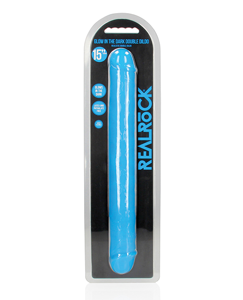 Shots RealRock 15&Prime; Double Dong Glow in the Dark – Neon Blue