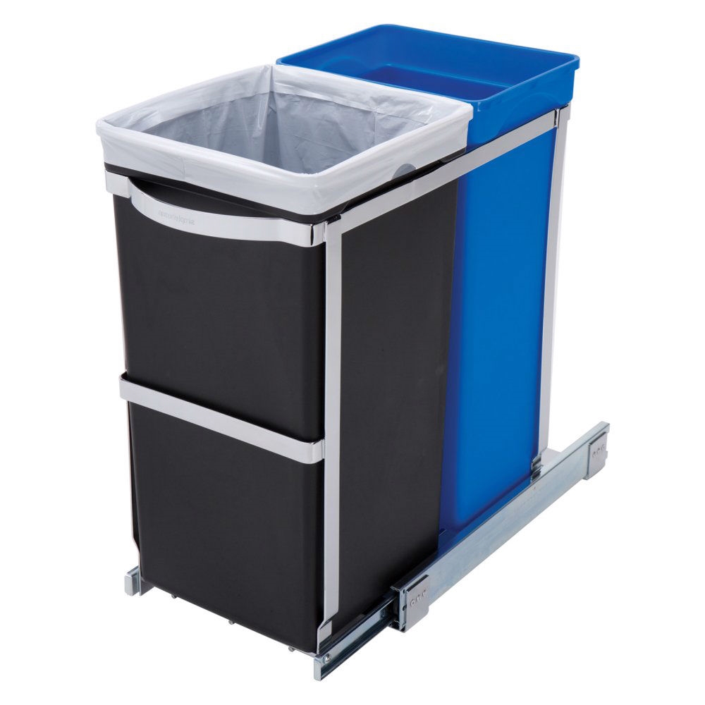Pull Out Blue Recycle Bin Black Trash Can Slides Under Kitchen Counter - Picture 1 of 5