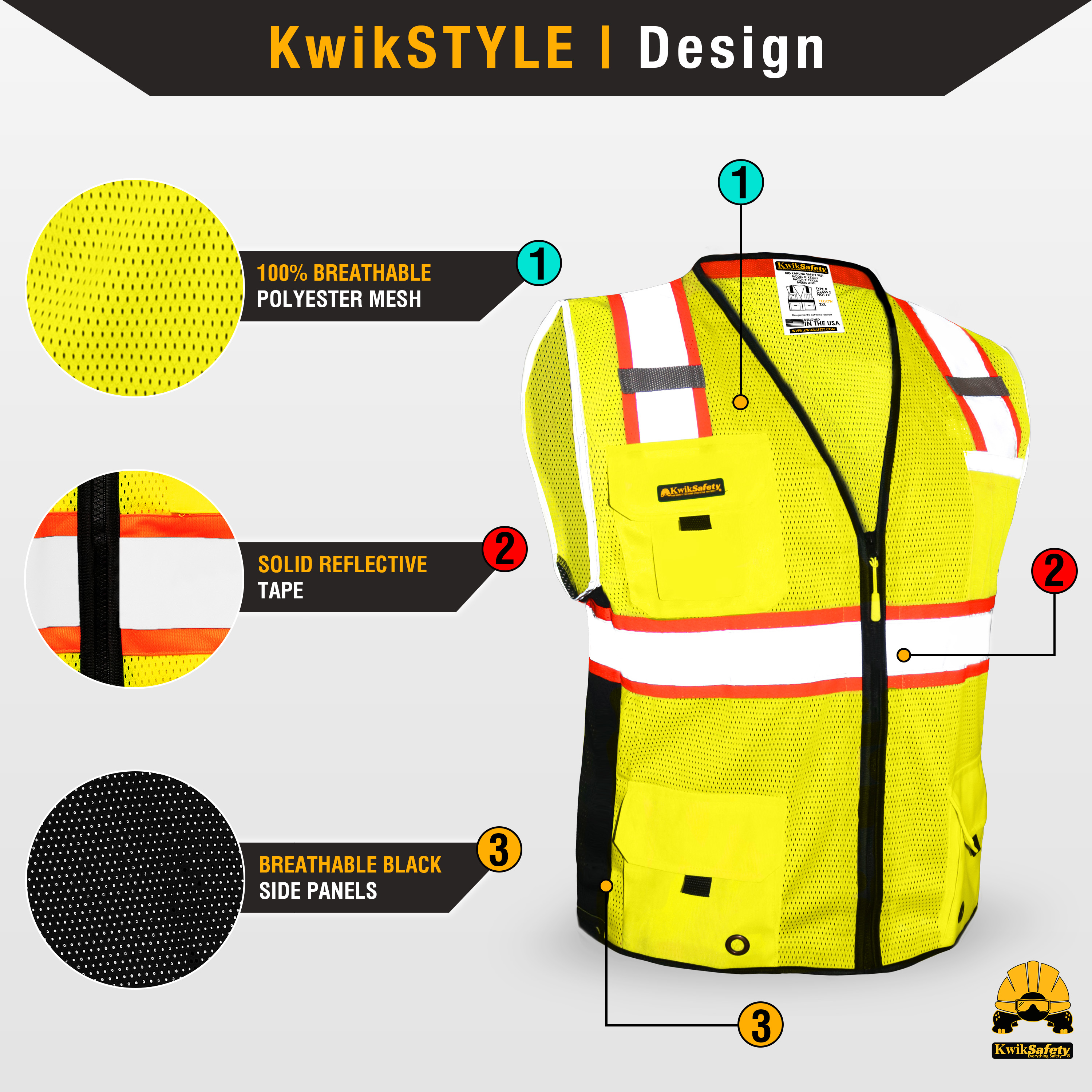 KwikSafety BIG KAHUNA Hi Vis reflektierende ANSI PPE Surveyor Klasse 2 Sicherheitsweste - Bild 11 von 25