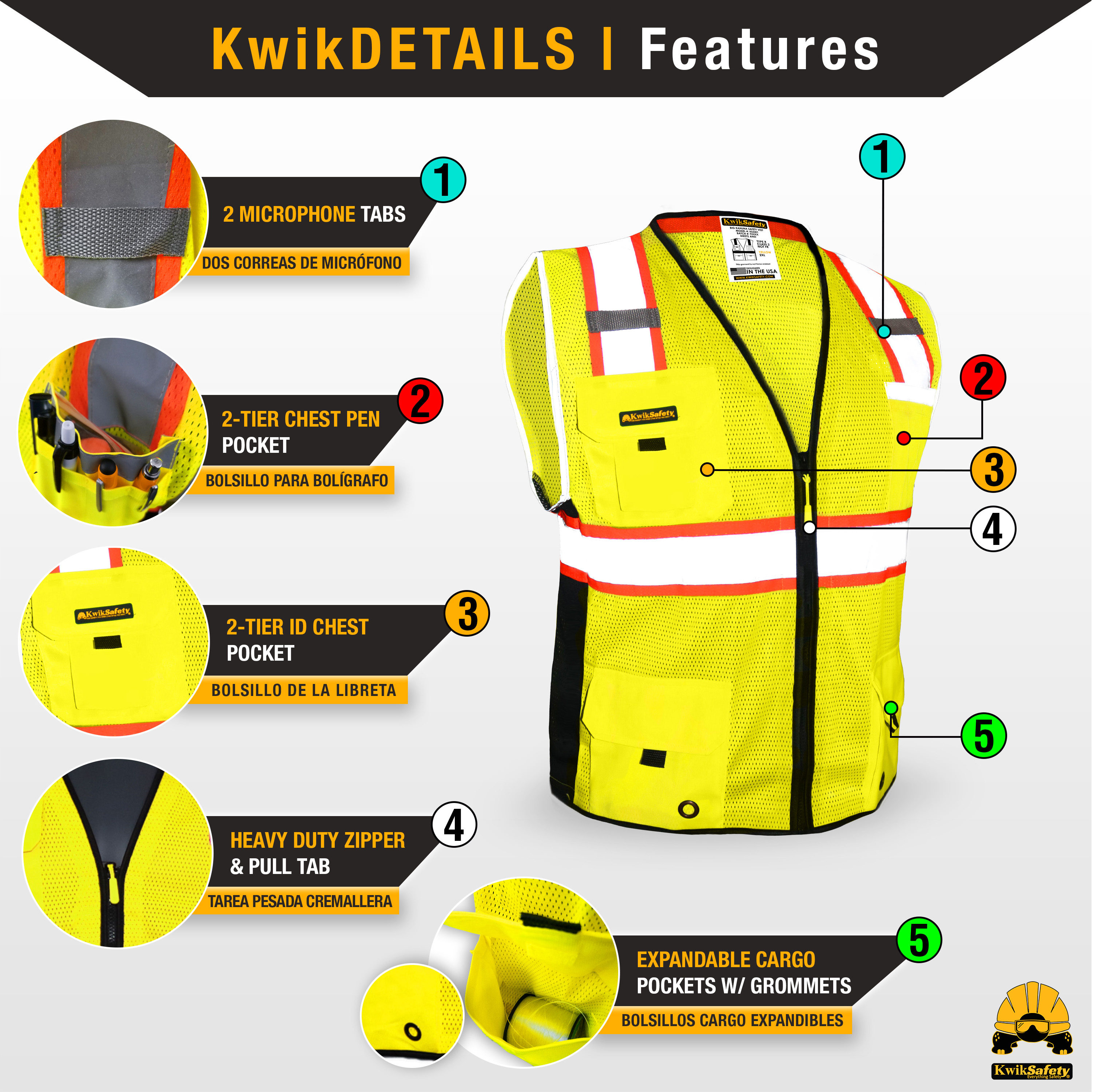 KwikSafety BIG KAHUNA Hi Vis reflektierende ANSI PPE Surveyor Klasse 2 Sicherheitsweste - Bild 13 von 25