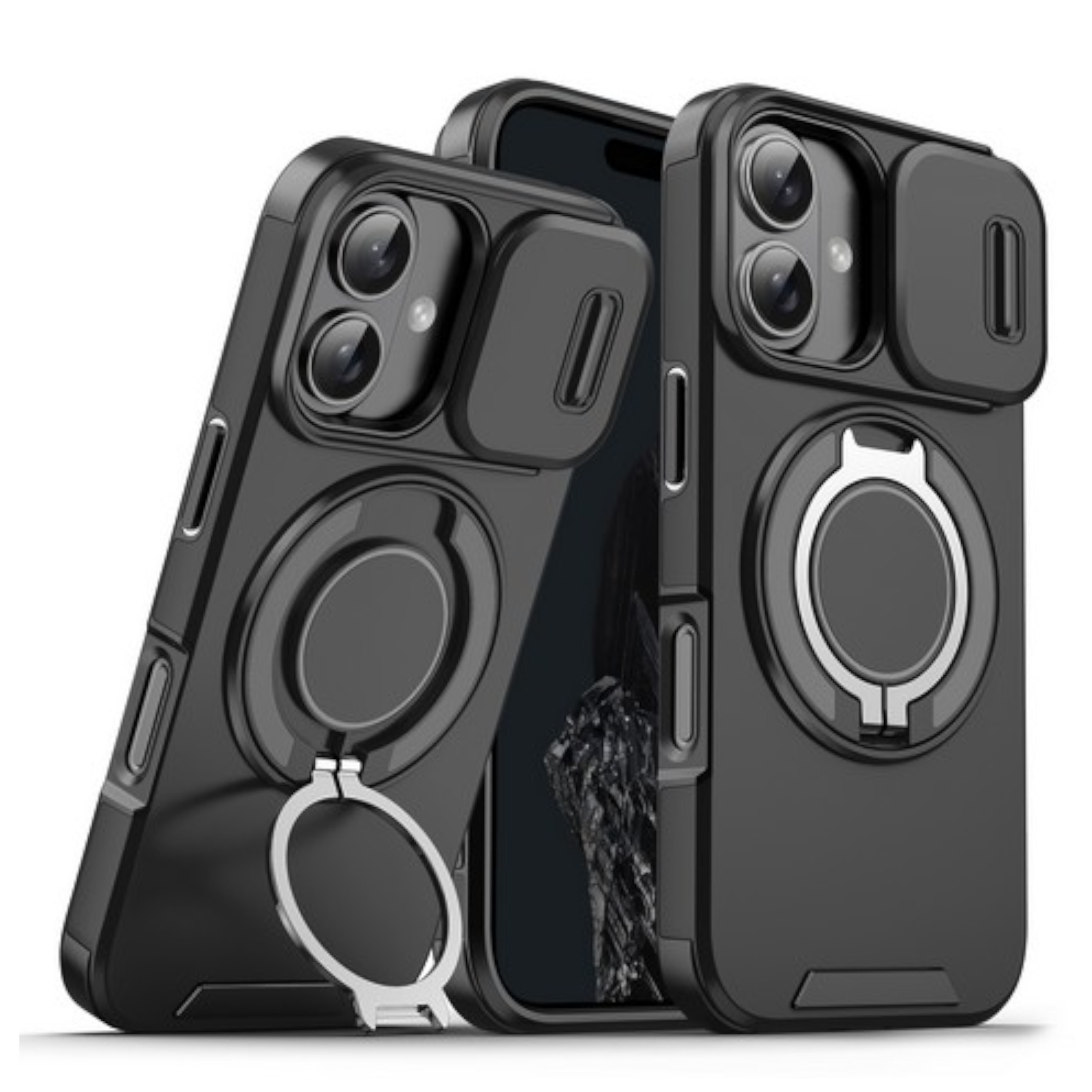 For Apple iPhone 16 Plus Hybrid Magnetic Ring Stand with Camera Slide Case Cover - Picture 13 of 34