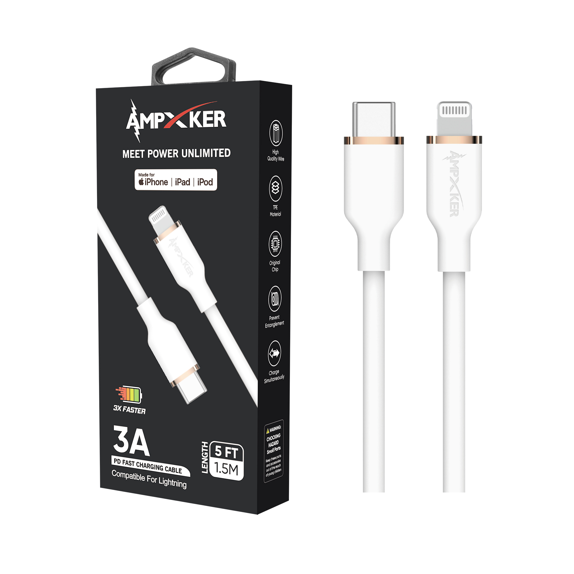 Cable de carga rápida tipo C a Lightning (5 pies) 3A cargador cable de datos certificado por MFI - Imagen 10 de 31