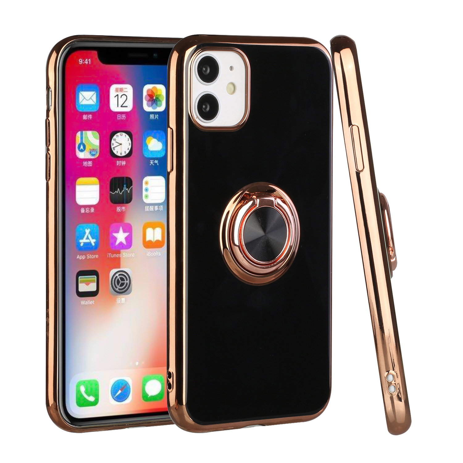 For Apple iPhone 11 Slim Hybrid Metal Ring Stand Electroplated Edges Case Cover - Picture 34 of 36
