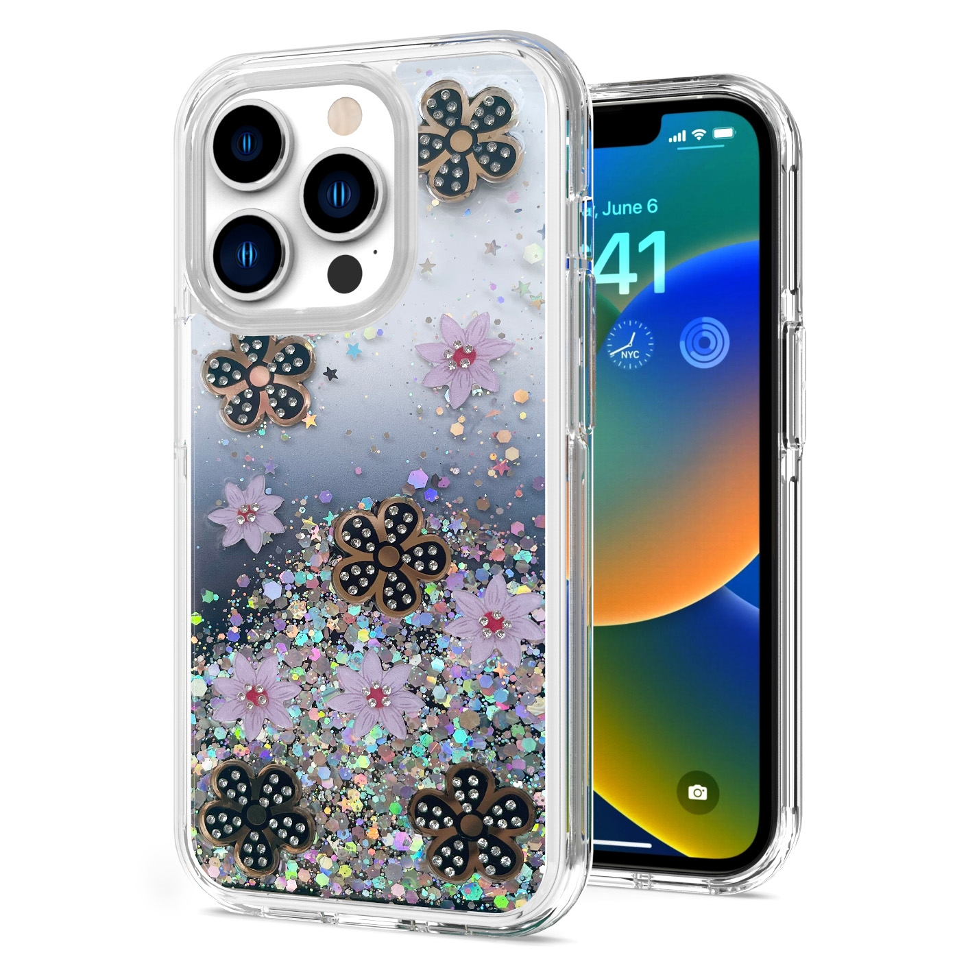 For Apple iPhone 11 Floral Design Glitter Shiny Hybrid Rubber Hard Case Cover - Picture 5 of 13