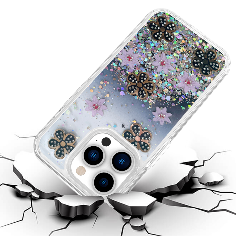 For Apple iPhone 11 Floral Design Glitter Shiny Hybrid Rubber Hard Case Cover - Picture 6 of 13