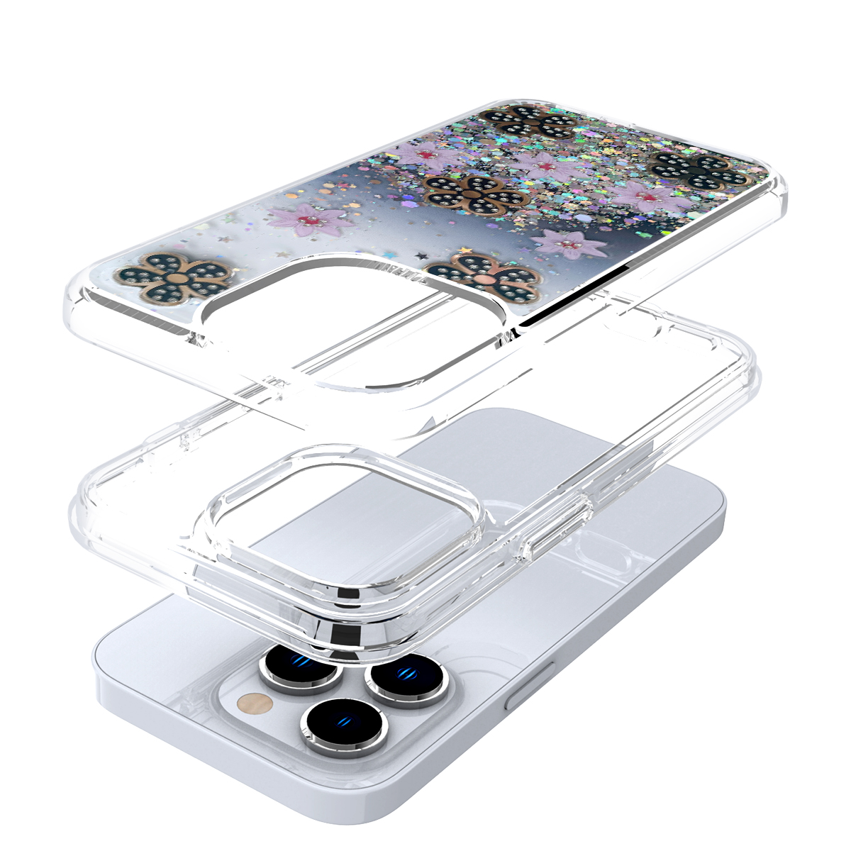 For Apple iPhone 11 Floral Design Glitter Shiny Hybrid Rubber Hard Case Cover - Picture 7 of 13