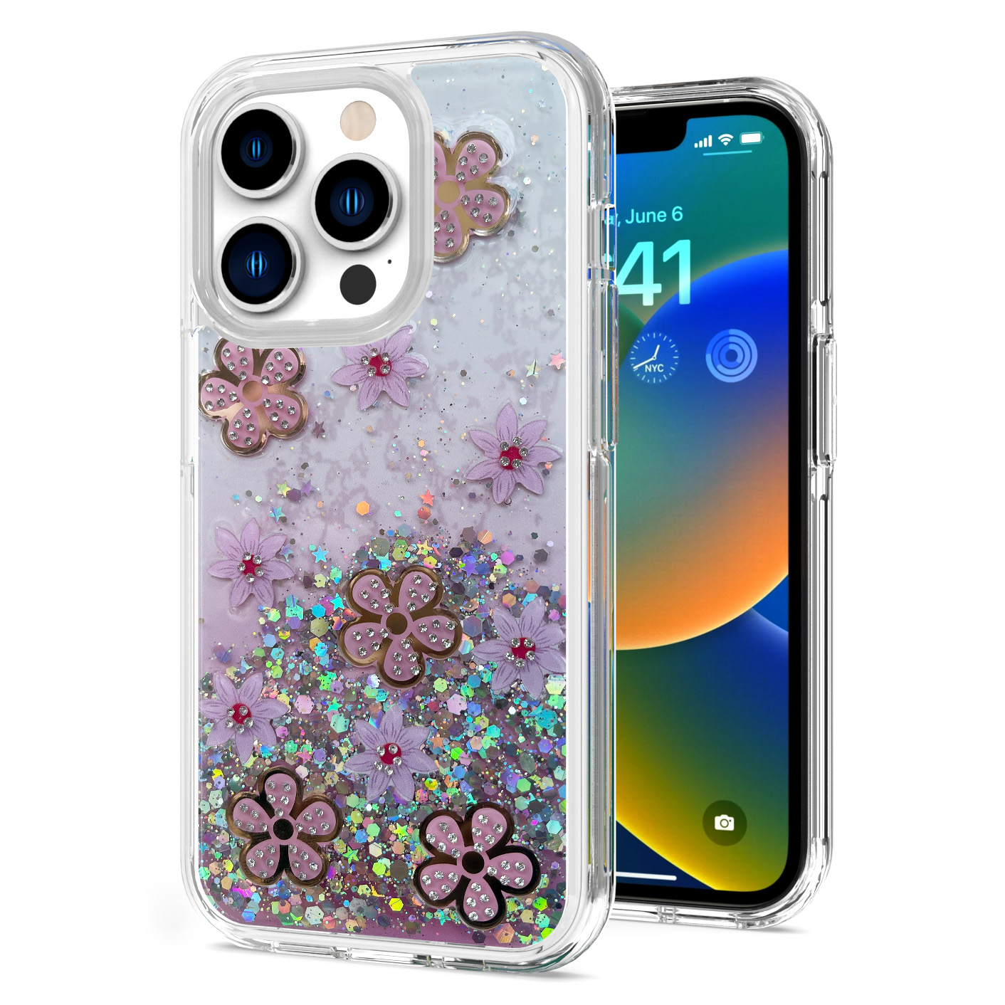 For Apple iPhone 11 Floral Design Glitter Shiny Hybrid Rubber Hard Case Cover - Picture 8 of 13
