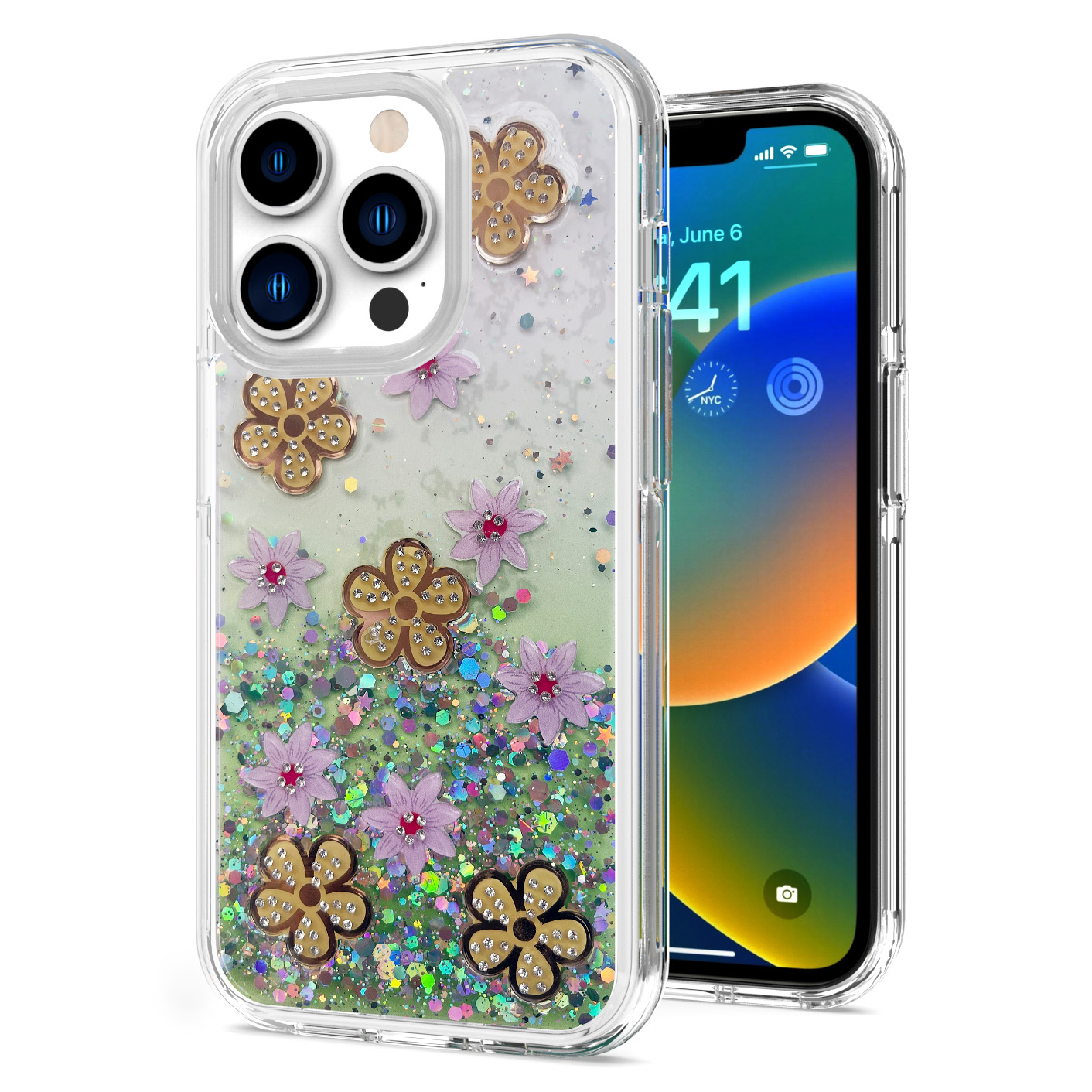 For Apple iPhone 11 Floral Design Glitter Shiny Hybrid Rubber Hard Case Cover - Picture 11 of 13