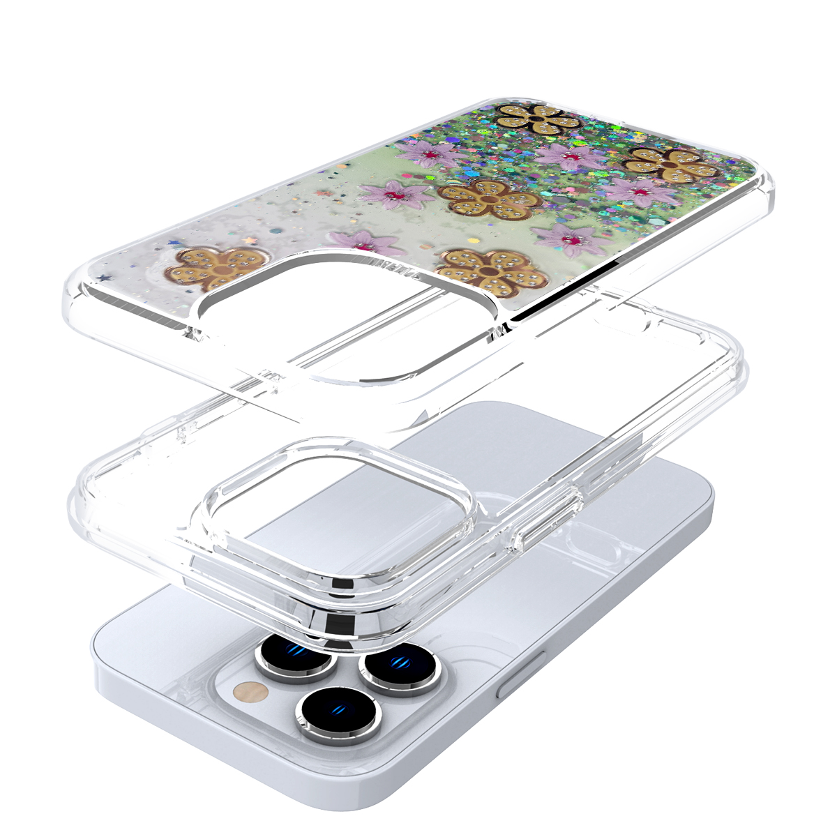 For Apple iPhone 11 Floral Design Glitter Shiny Hybrid Rubber Hard Case Cover - Picture 13 of 13