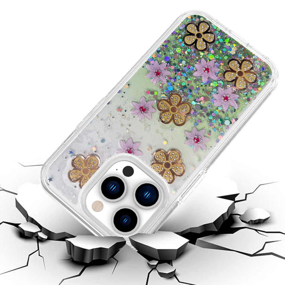 For Apple iPhone 11 Floral Design Glitter Shiny Hybrid Rubber Hard Case Cover - Picture 12 of 13