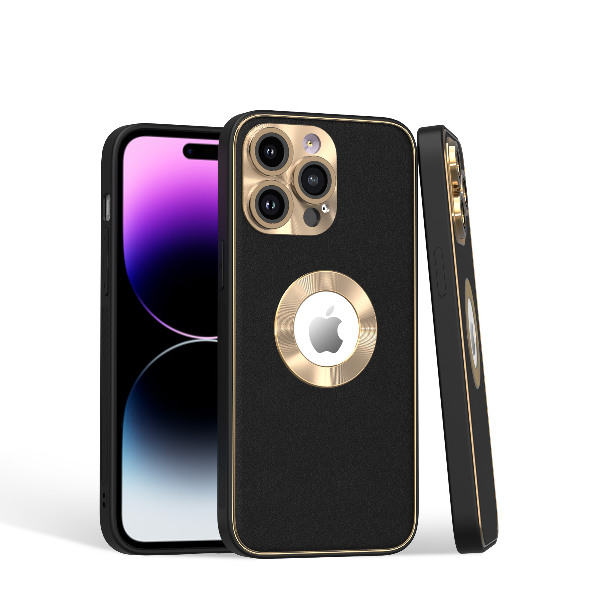 For Apple iPhone 13 Pro Max PU Leather Design with Chrome Circle PC Case Cover