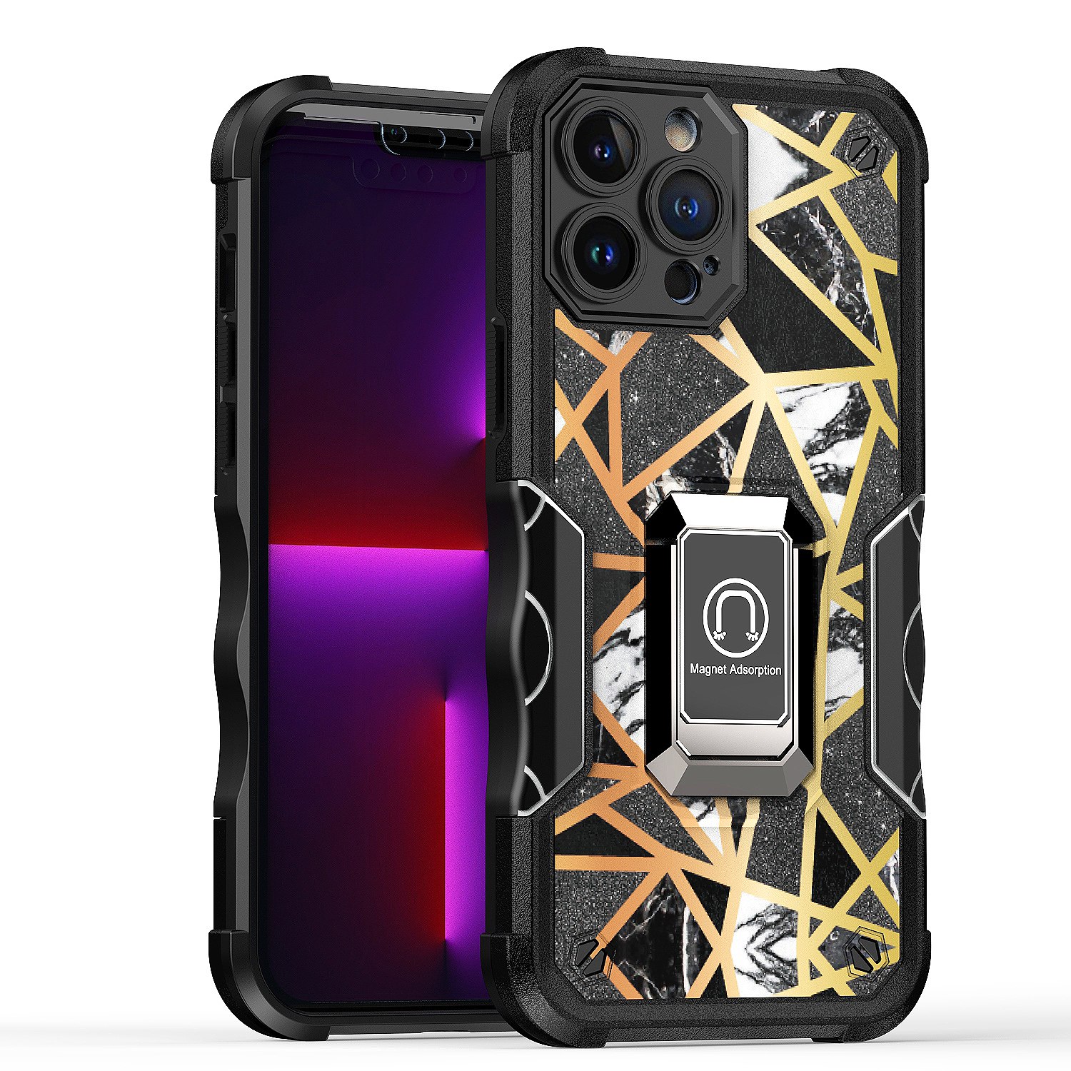 For Apple iPhone 14 Plus (6.7") Marble Design Hybrid Armor Ring Stand Case Cover - Picture 10 of 49
