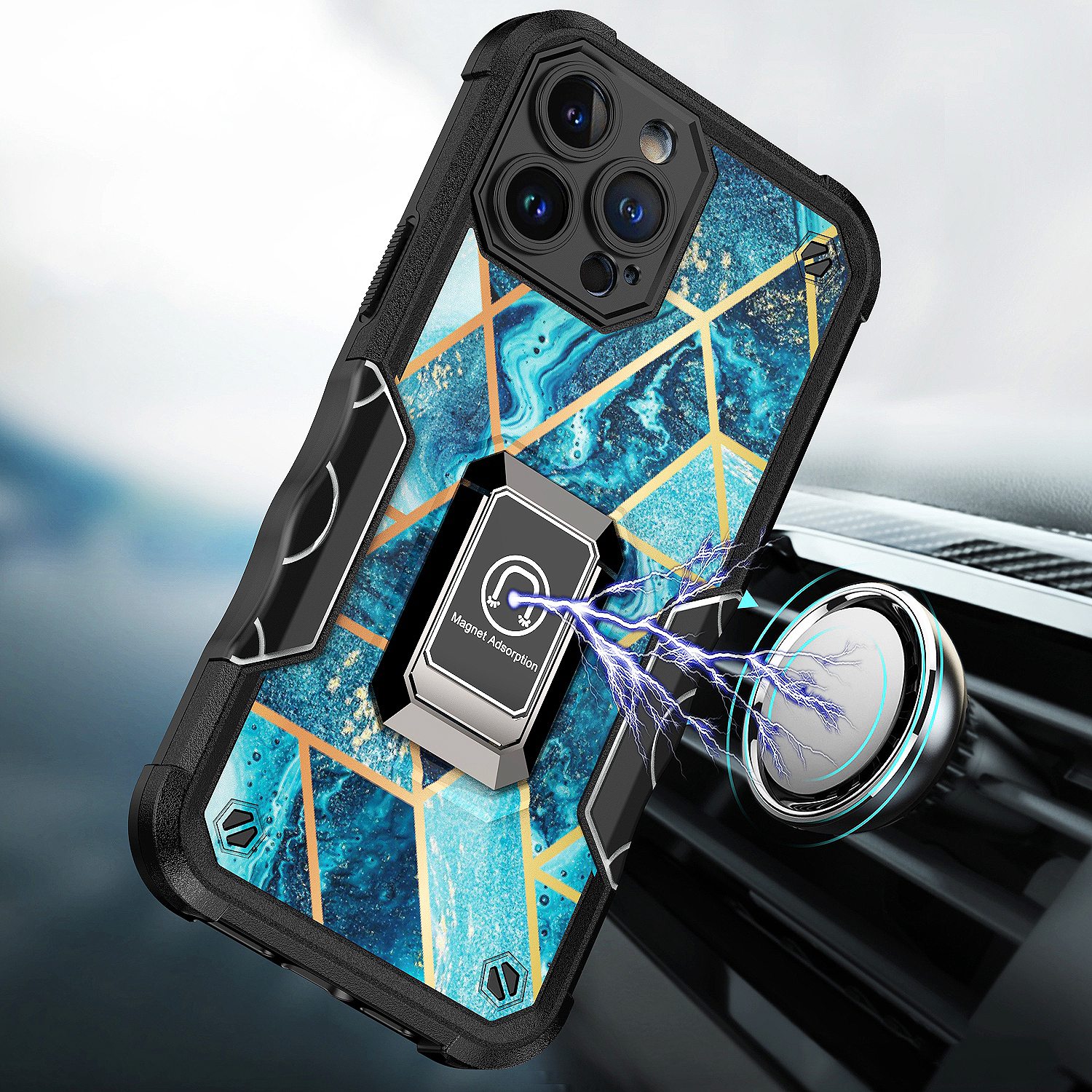 For Apple iPhone 14 Plus (6.7") Marble Design Hybrid Armor Ring Stand Case Cover - Picture 21 of 49