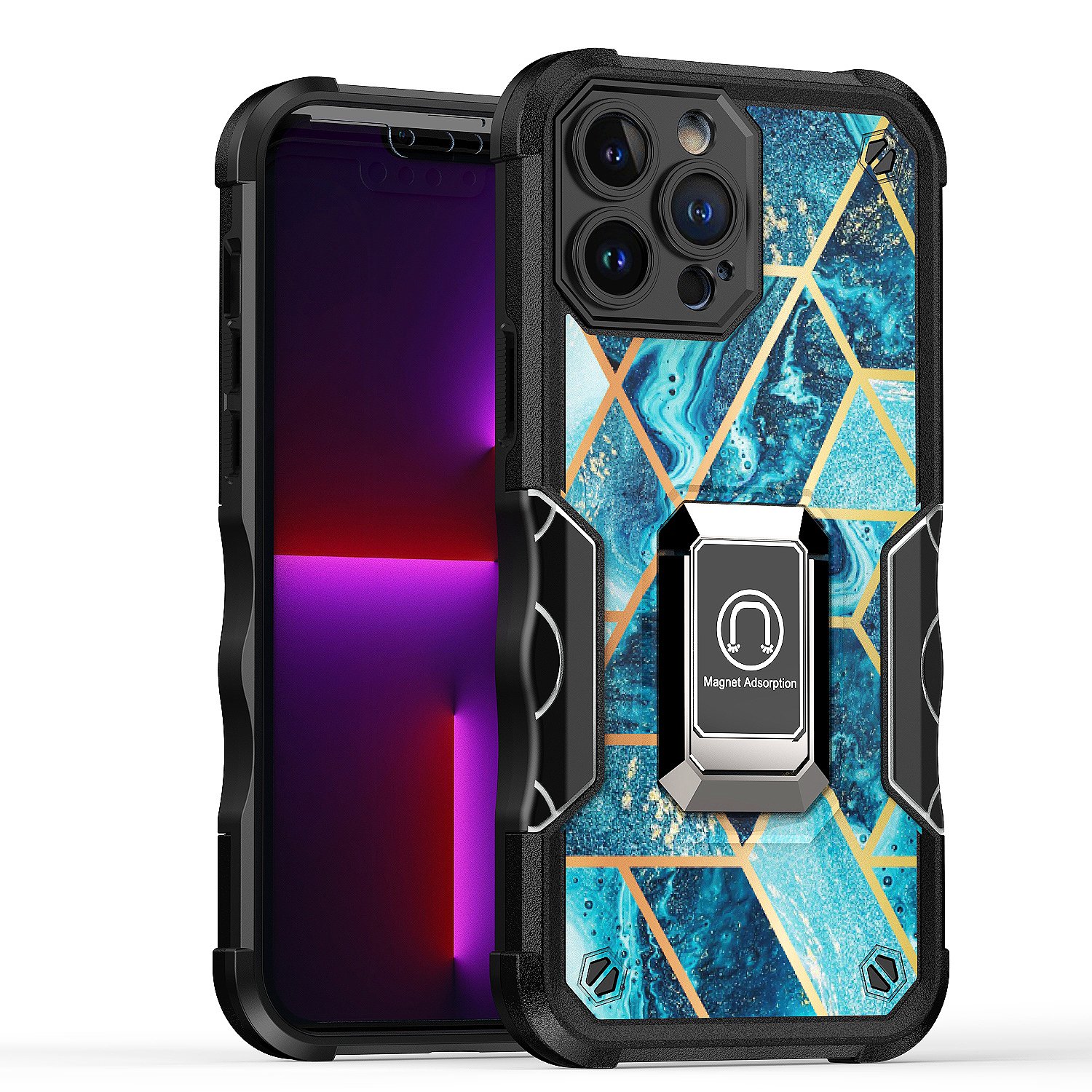 For Apple iPhone 14 Plus (6.7") Marble Design Hybrid Armor Ring Stand Case Cover - Picture 18 of 49