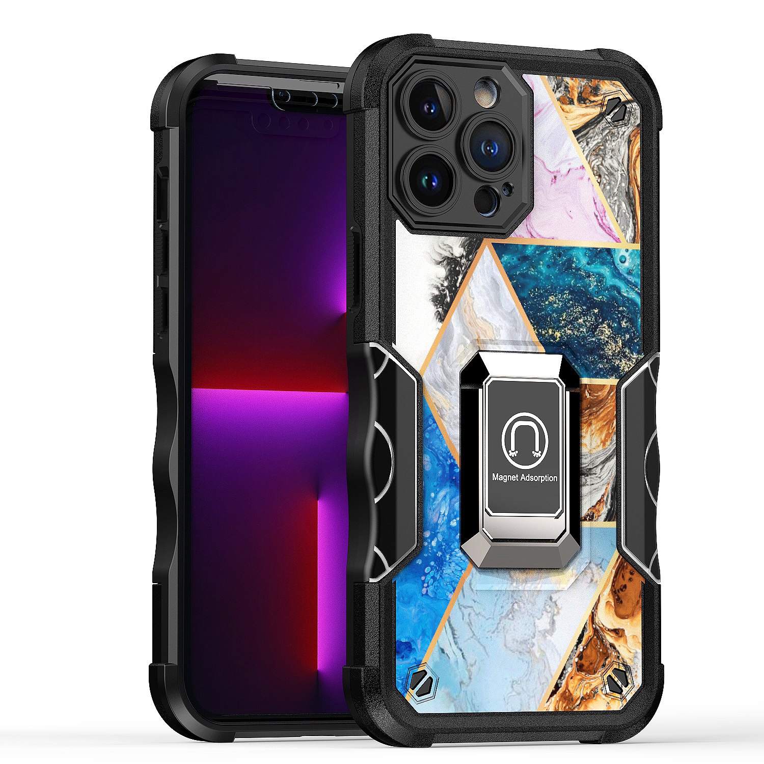 For Apple iPhone 14 Plus (6.7") Marble Design Hybrid Armor Ring Stand Case Cover - Picture 26 of 49
