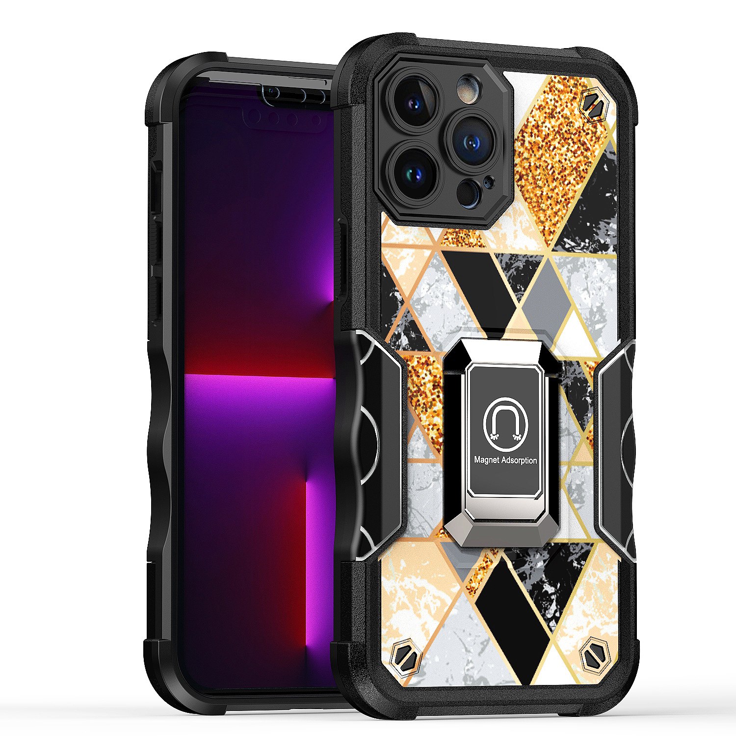 For Apple iPhone 14 Plus (6.7") Marble Design Hybrid Armor Ring Stand Case Cover - Picture 34 of 49