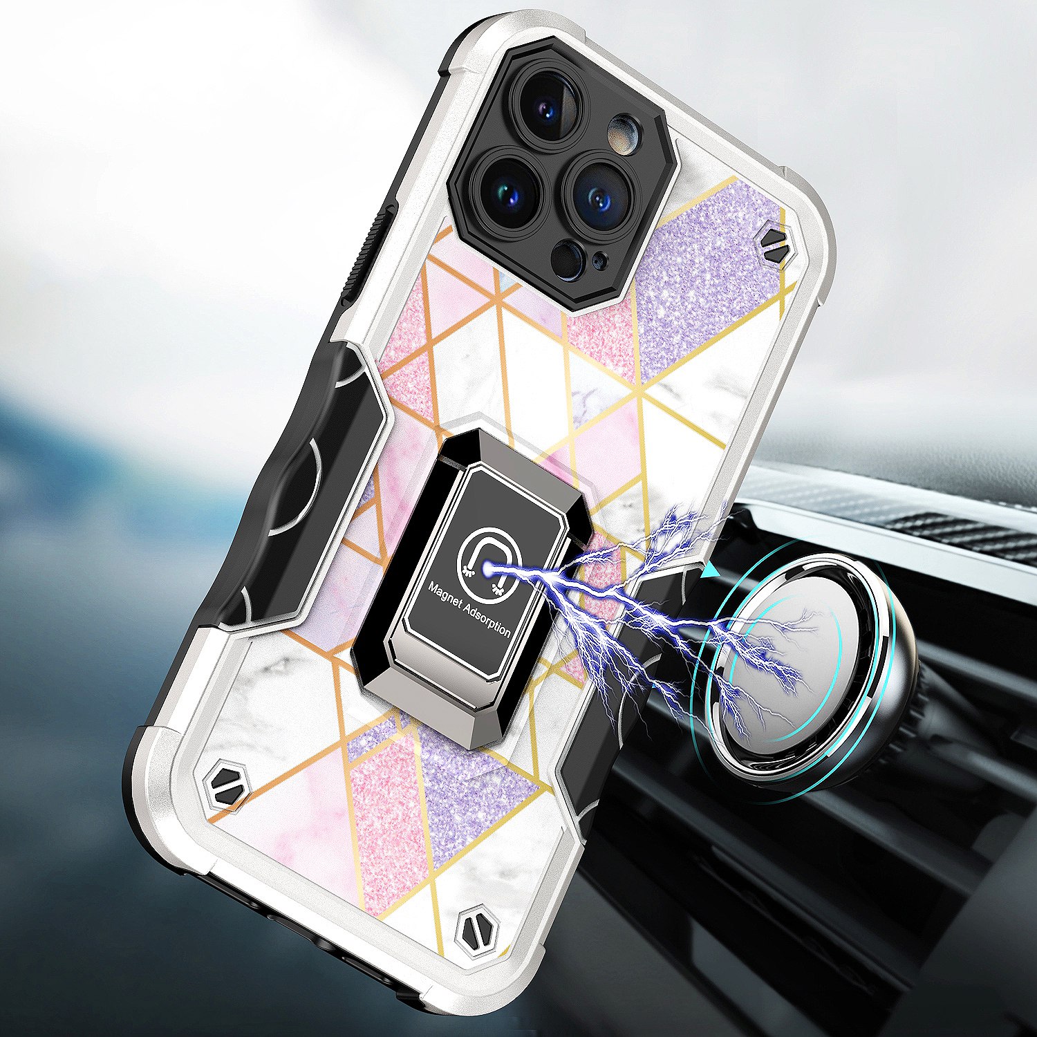 For Apple iPhone 14 Plus (6.7") Marble Design Hybrid Armor Ring Stand Case Cover - Picture 45 of 49