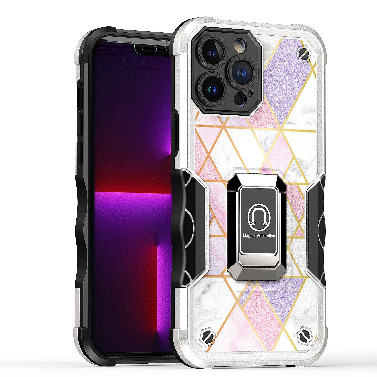 For Apple iPhone 14 Plus (6.7") Marble Design Hybrid Armor Ring Stand Case Cover - Picture 42 of 49